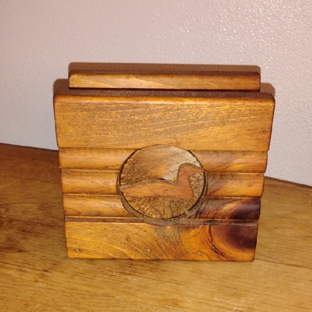 Handcrafted Wooden Napkin Holder, Mail/BillHolder with Duck Carving - Warm Brown